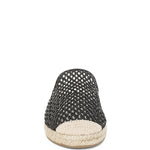 Backless women’s espadrille mule with woven raffia upper and jute sole, shown in yellow, black, and natural beige color options.