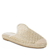 Backless women’s espadrille mule with woven raffia upper and jute sole, shown in yellow, black, and natural beige color options.