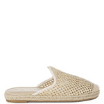 Backless women’s espadrille mule with woven raffia upper and jute sole, shown in yellow, black, and natural beige color options.
