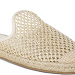Backless women’s espadrille mule with woven raffia upper and jute sole, shown in yellow, black, and natural beige color options.