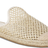 Backless women’s espadrille mule with woven raffia upper and jute sole, shown in yellow, black, and natural beige color options.