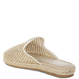 Backless women’s espadrille mule with woven raffia upper and jute sole, shown in yellow, black, and natural beige color options.