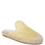Backless women’s espadrille mule with woven raffia upper and jute sole, shown in yellow, black, and natural beige color options.
