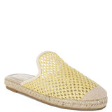 Backless women’s espadrille mule with woven raffia upper and jute sole, shown in yellow, black, and natural beige color options.
