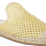 Backless women’s espadrille mule with woven raffia upper and jute sole, shown in yellow, black, and natural beige color options.