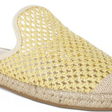 Backless women’s espadrille mule with woven raffia upper and jute sole, shown in yellow, black, and natural beige color options.