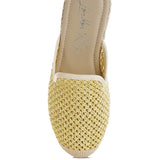 Backless women’s espadrille mule with woven raffia upper and jute sole, shown in yellow, black, and natural beige color options.