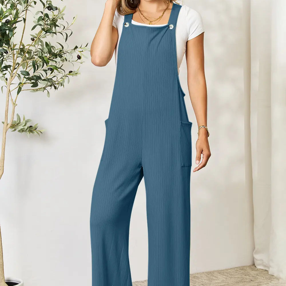 Double Take Wide Strap Overall with Pockets in Blue