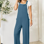 Double Take Wide Strap Overall with Pockets in Blue