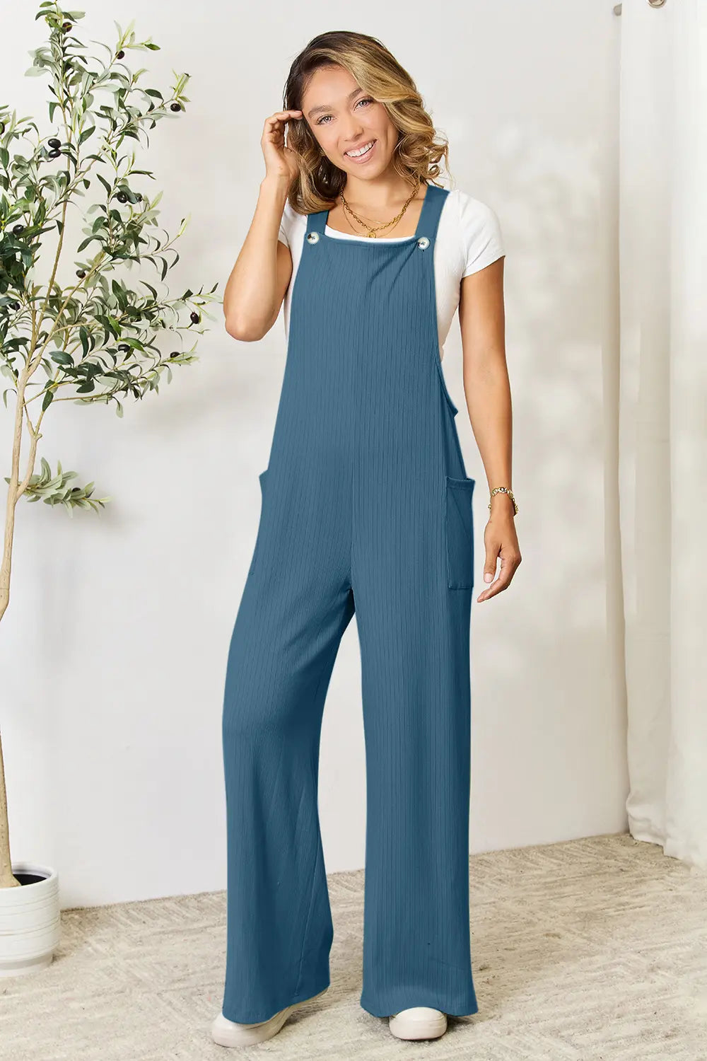 Double Take Wide Strap Overall with Pockets in Blue