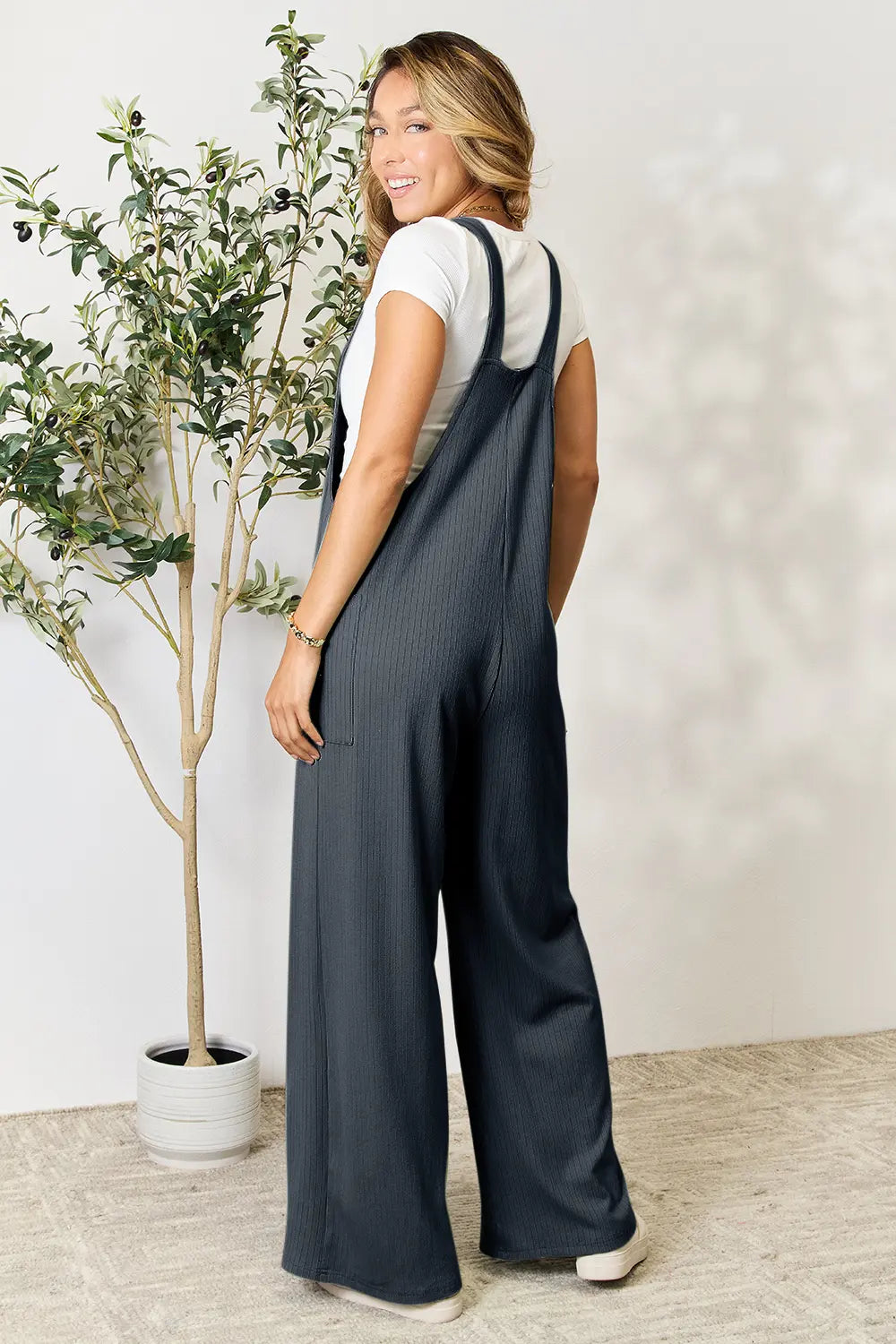Double Take Full Size Wide Strap Overall with Pockets Backside in Dark  Grey