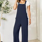 Double Take Wide Strap Overall with Pockets in Blue