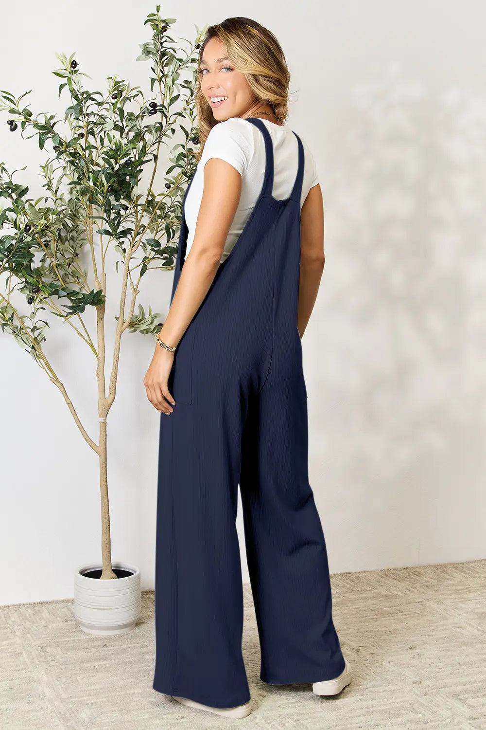 Double Take Wide Strap Overall with Pockets Backside in Blue