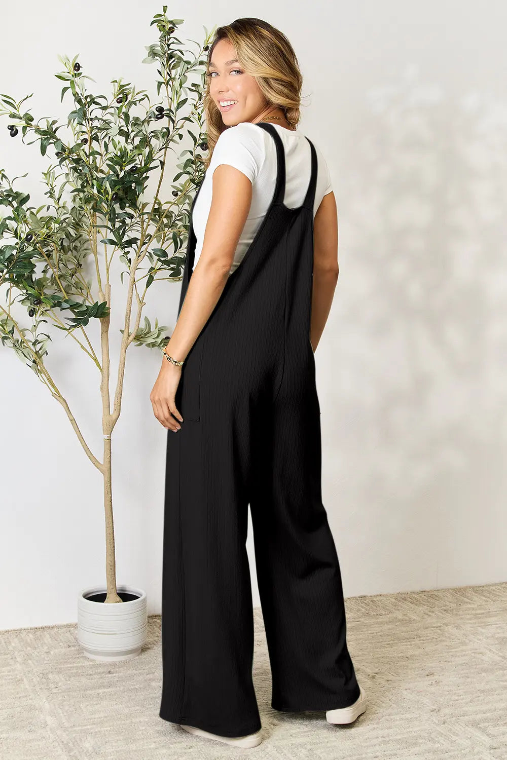 Double Take Wide Strap Overall with Pocket Backside in Black
