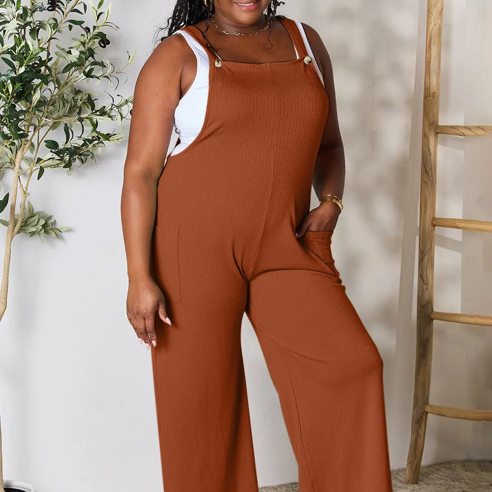Double Take Full Size Wide Strap Overall with Pockets in Brown