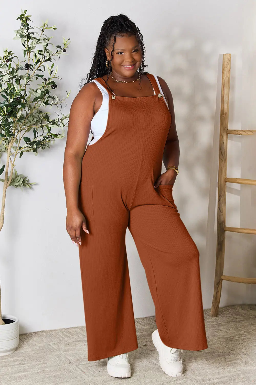 Double Take Full Size Wide Strap Overall with Pockets in Brown