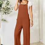Double Take Wide Strap Overall with Pockets in Brown