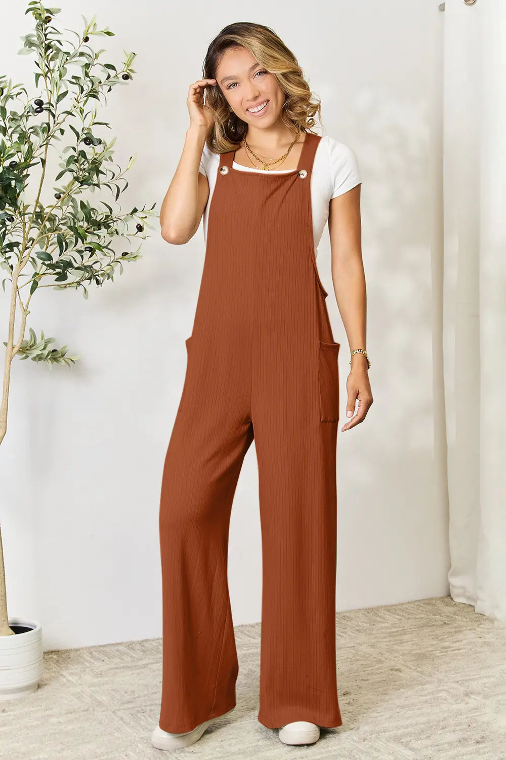Double Take Wide Strap Overall with Pockets in Brown