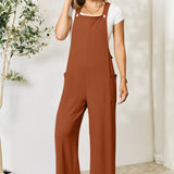 Double Take Wide Strap Overall with Pockets in Brown