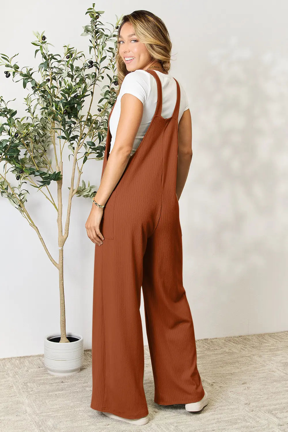 Double Take Wide Strap Overall with Pockets Backside in Brown