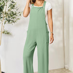 Double Take Wide Strap Overall with Pockets in green