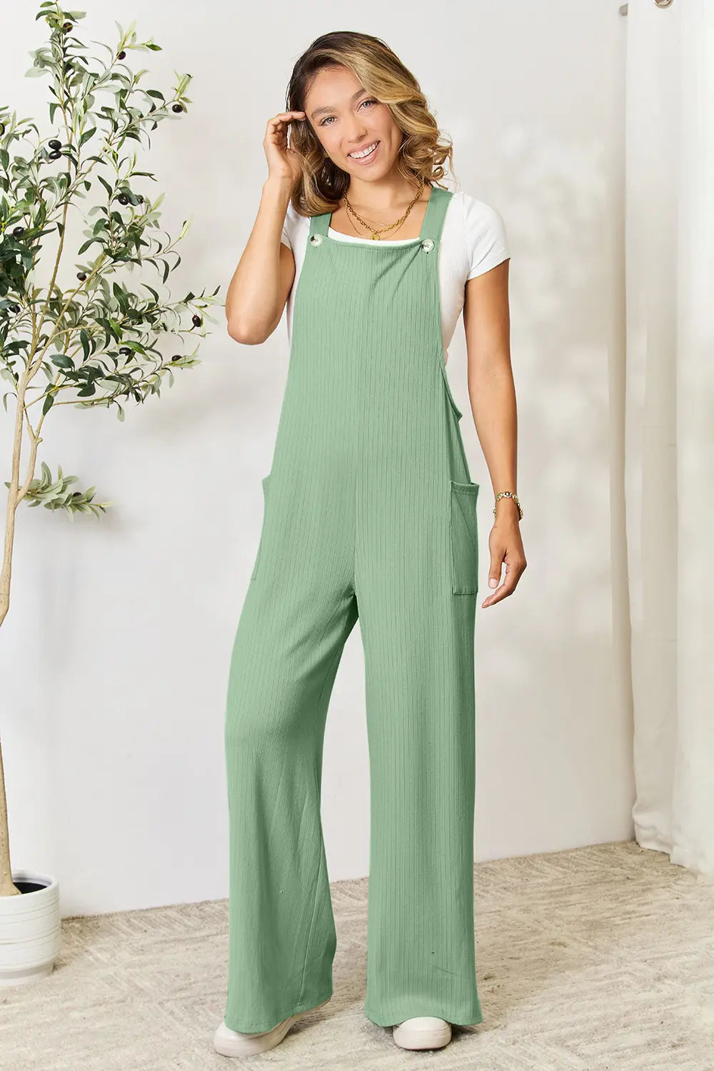 Double Take Wide Strap Overall with Pockets in green