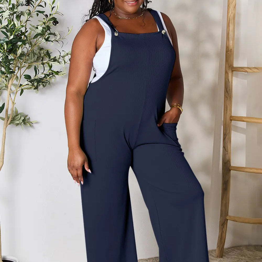 Double Take Full Size Wide Strap Overall with Pockets in Navy Blue