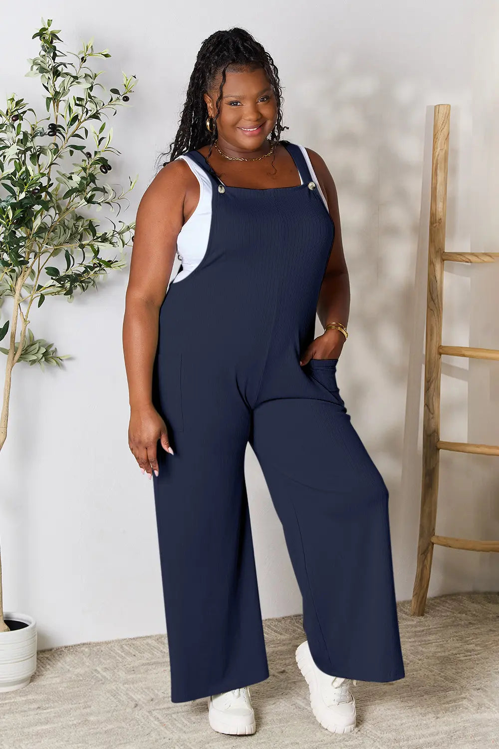 Double Take Full Size Wide Strap Overall with Pockets in Navy Blue