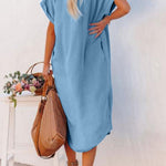 Slit Button Up Short Sleeve Denim Dress