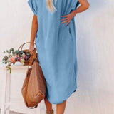 Slit Button Up Short Sleeve Denim Dress