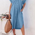 Slit Button Up Short Sleeve Denim Dress