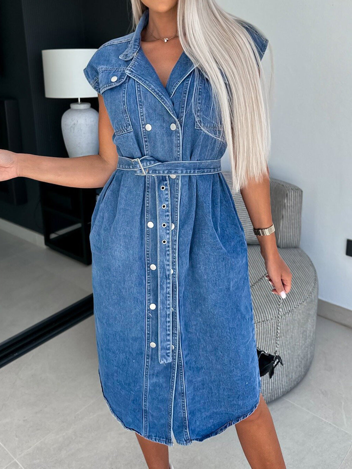 Collared Cap Sleeve Denim Dress