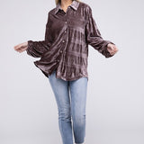 Wrinkle Effect Tiered Shirring Velvet Shirt