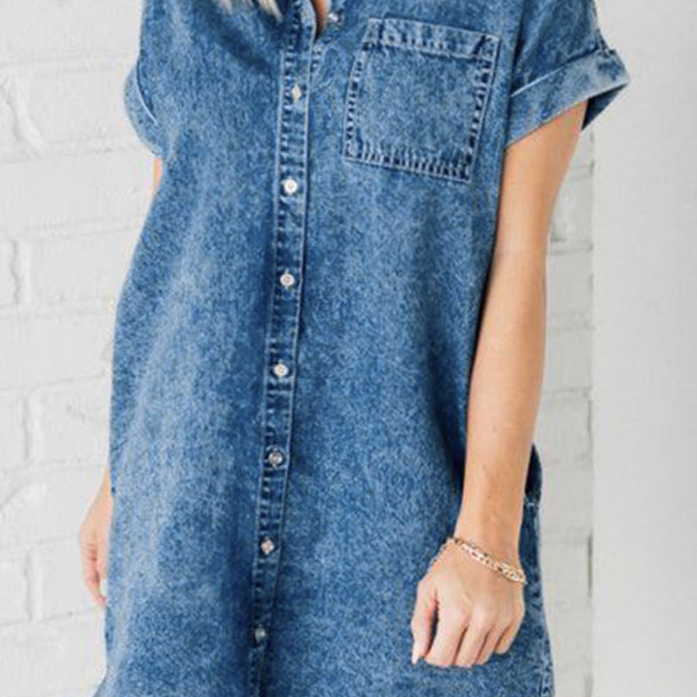 Raw Hem Pocketed Cap Sleeve Denim Dress