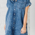 Raw Hem Pocketed Cap Sleeve Denim Dress