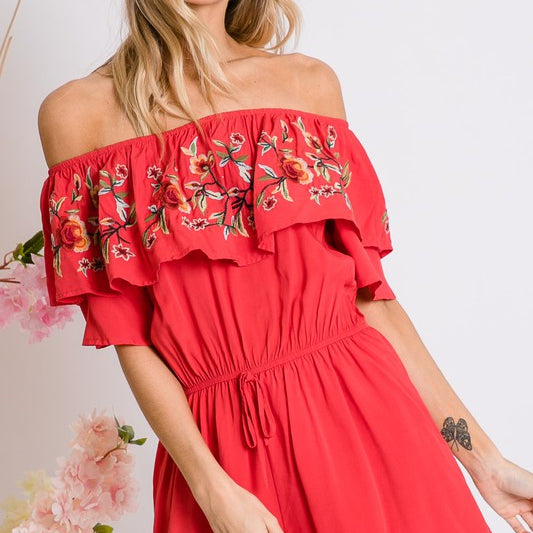 Floral Embroidered Off Shoulder Romper