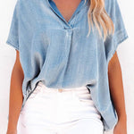 Notched Short Sleeve Denim Top