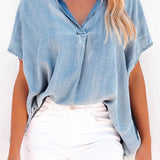 Notched Short Sleeve Denim Top