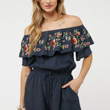 Floral Embroidered Off Shoulder Romper