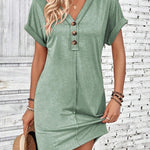 Quarter Button V-Neck Short Sleeve Dress