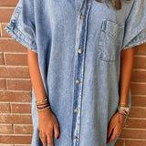 Pocketed Button Up Half Sleeve Denim Dress