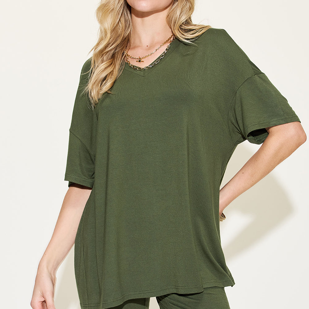 Basic Bae Full Size V-Neck Drop Shoulder T-Shirt and Shorts Set