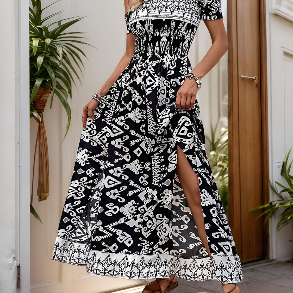 Slit Printed Off-Shoulder Dress