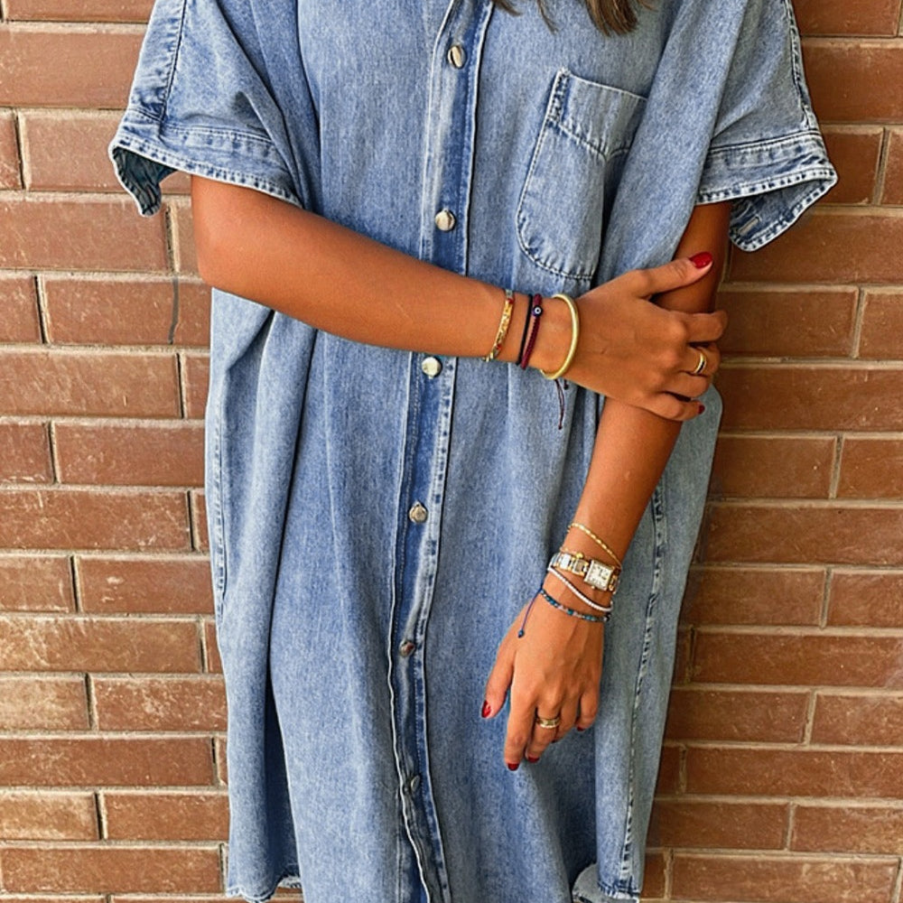 Pocketed Button Up Half Sleeve Denim Dress