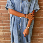 Pocketed Button Up Half Sleeve Denim Dress