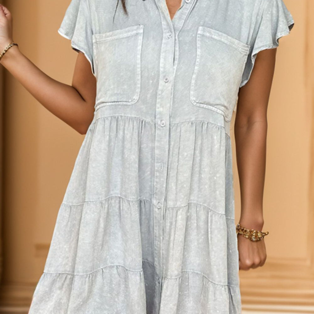 Button Up Cap Sleeve Denim Dress