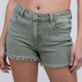 Green Acid Washed Frayed Cutoff Hem Shorts