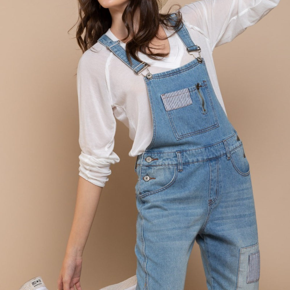 Front Chest Zipper Slim Leg Denim Overalls