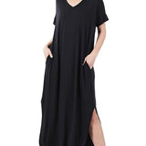 Viscose Fabric V-Neck Short Sleeve Maxi Dress