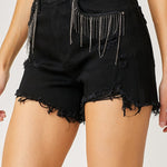 Frayed Hem Denim Shorts with Fringe Detail Pockets